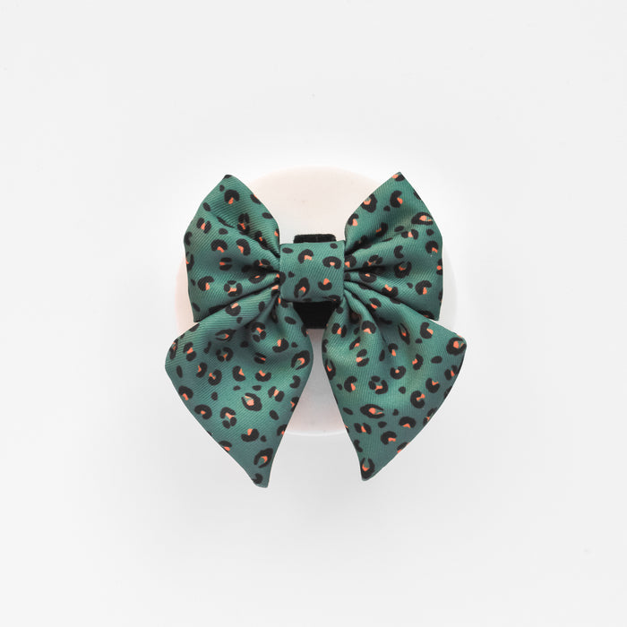 Khaki green sailor bow tie with a bold leopard print pattern from Cocopup London.