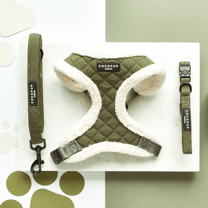 Khaki quilted dog harness, collar, and lead set from Cocopup London displayed on white and olive background.