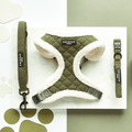 Khaki quilted dog harness, collar, and lead set from Cocopup London displayed on white and olive background.