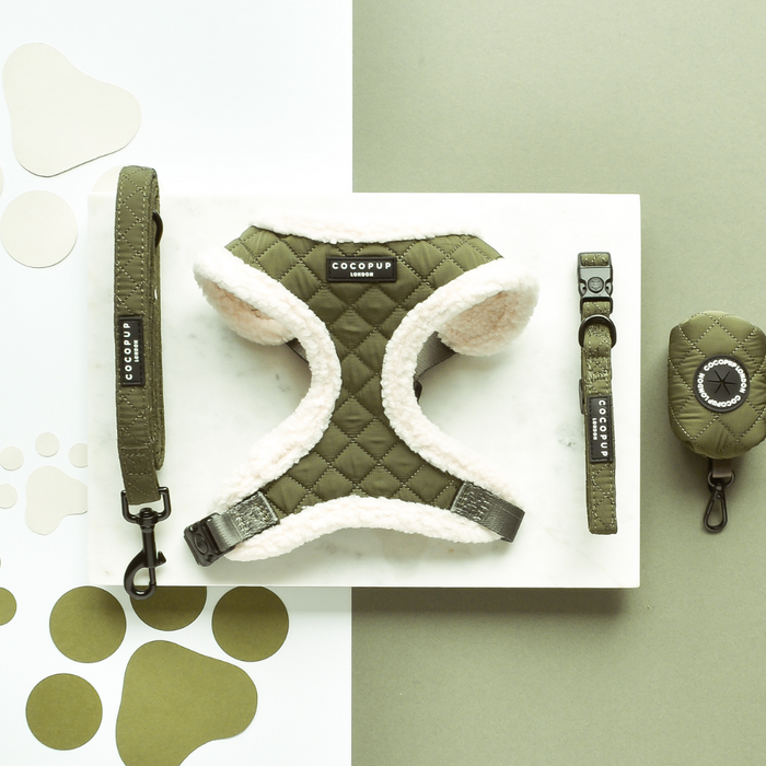 Khaki quilted dog collar with soft padding and Cocopup London branding.