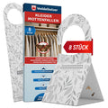 Verpackung mit durchgestrichener Motte und Aufdruck „8 Stück“, daneben zwei Fallen mit Blattmuster, eine dreieckig aufgestellt