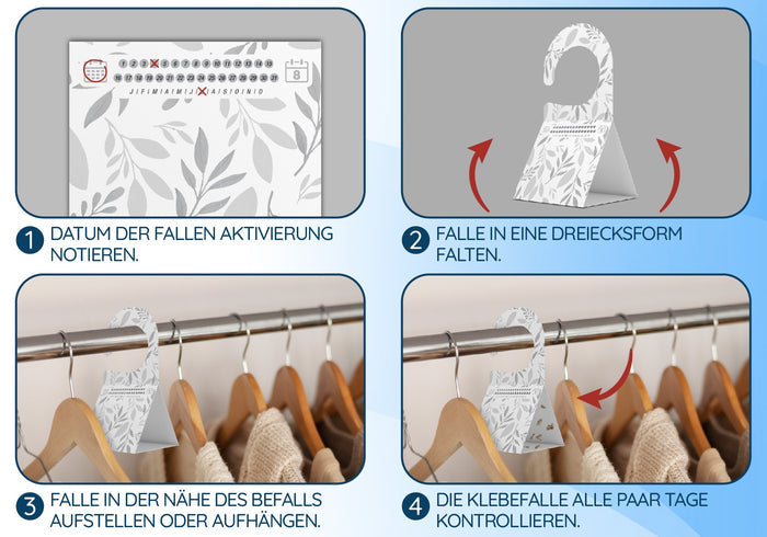 Anwendung in vier Schritten: Aktivierungsdatum notieren, zum Dreieck falten, nah am Befall aufhängen, alle paar Tage prüfen