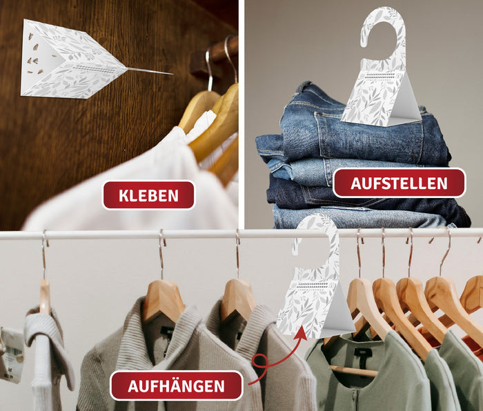 Drei Platzierungen im Schrank: an die Wand kleben, auf einen Jeansstapel stellen oder an die Kleiderstange hängen