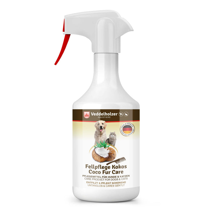 Weiße Sprühflasche mit rotem Hebel, Etikett zeigt Hund, Katze, aufgeschnittene Kokosnuss, Kamm und „Made in Germany“-Siegel