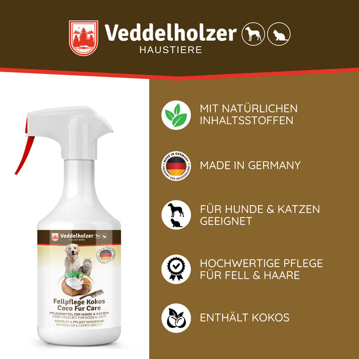 Fünf Merkmale neben der Flasche: natürliche Inhaltsstoffe, Made in Germany, für Hunde und Katzen, Fellpflege, mit Kokos