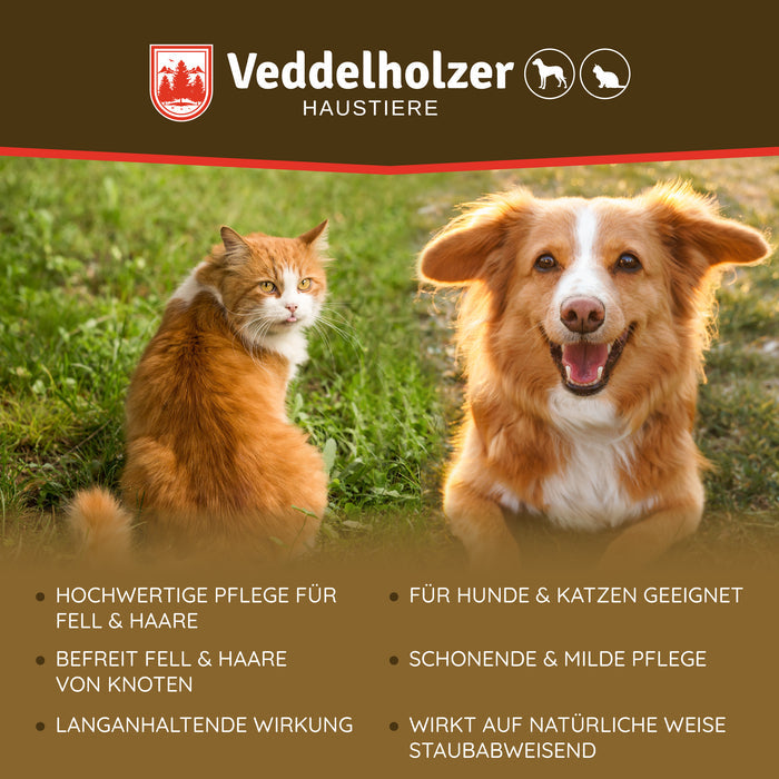 Rote Katze und brauner Hund auf der Wiese, dazu Vorteile: befreit Fell von Knoten, milde Pflege, staubabweisend