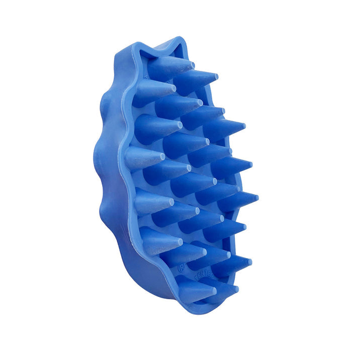 KONG ZoomGroom boysenberry blue rubber dog grooming brush, front view on white
