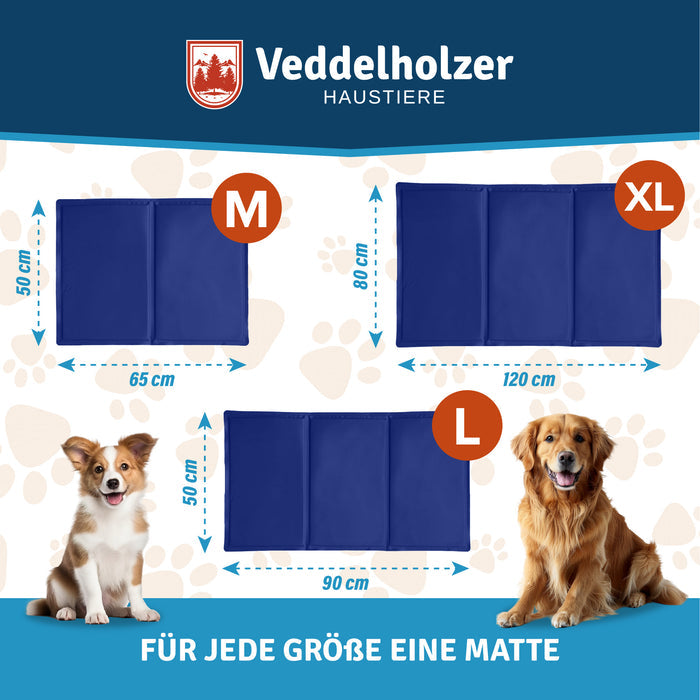 Größenübersicht: M 50 × 65 cm, L 50 × 90 cm und XL 80 × 120 cm, daneben ein Welpe und ein Golden Retriever