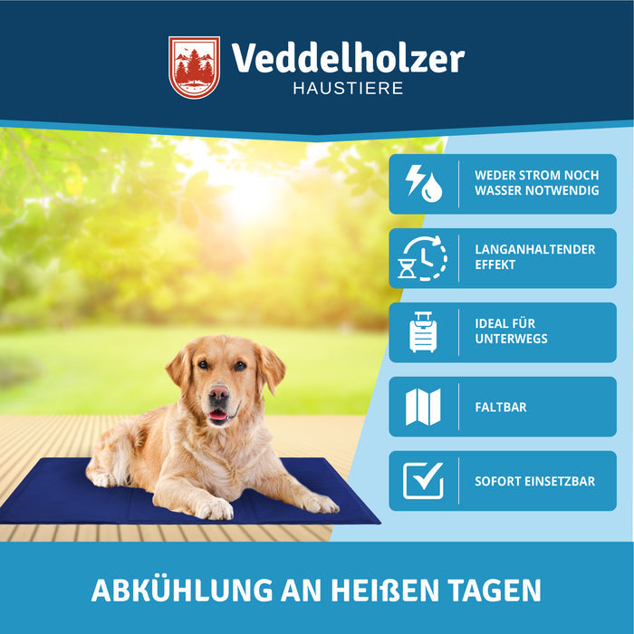 Golden Retriever liegt in der Sonne auf der Matte, dazu: ohne Strom und Wasser, langanhaltend, faltbar, sofort einsetzbar