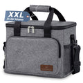 Graue Kühltasche mit schwarzen Griffen, Fronttasche, Netzfach und Schultergurt, Anhänger „XXL – 33 Liter Volumen“