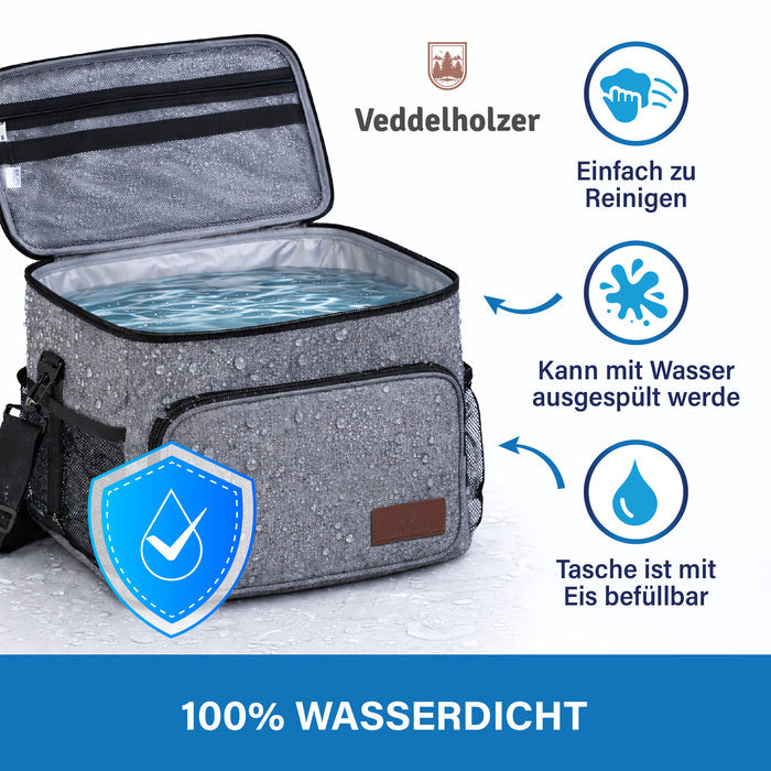 Geöffnete Tasche mit Wasser im silbernen Innenfutter – einfach zu reinigen, mit Wasser ausspülbar und mit Eis befüllbar