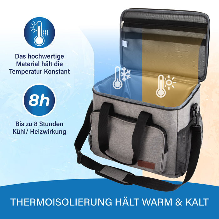Geöffnete Tasche halb blau, halb gelb eingefärbt – hält die Temperatur bis zu 8 Stunden kühl oder warm