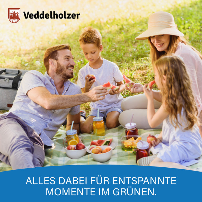 Familie mit zwei Kindern picknickt auf der Wiese mit Melone, Obst und Getränken, links steht die graue Tasche