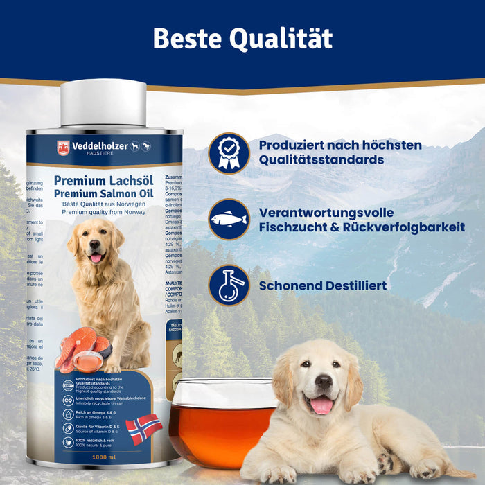 Golden-Retriever-Welpe neben Dose und Ölschale, dazu höchste Qualitätsstandards, nachhaltige Fischzucht, schonend destilliert