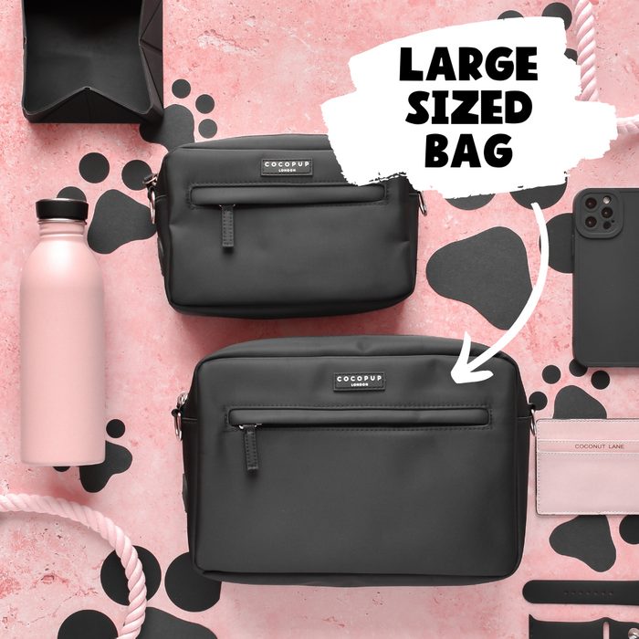 Two black Cocopup London dog walking bags on a pink background with an arrow highlighting the LARGE Build Your Own Bag.