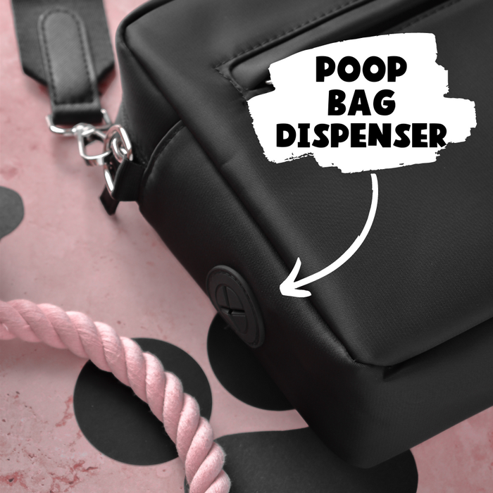Black Cocopup London dog walking bag, large size, with a bold-labeled poop bag dispenser on the front.