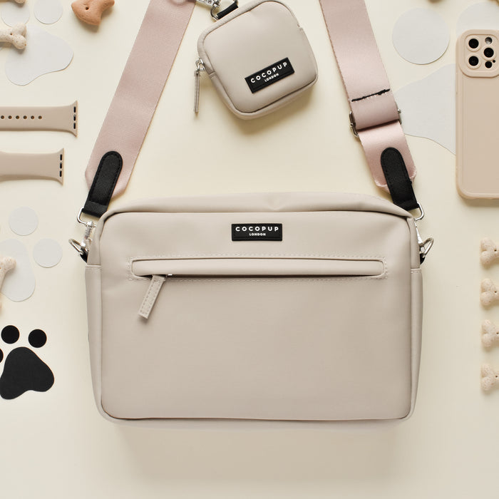 Caramel Latte large dog walking bag by Cocopup London with attached treat pouch and poop bag dispenser.