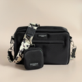 Large black dog walking bag bundle with ivory tortoiseshell pattern, matching pouch, and strap from Cocopup London.