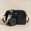 Large black dog walking bag bundle with mocha floral strap, front pocket, coin pouch, and poop bag dispenser.
