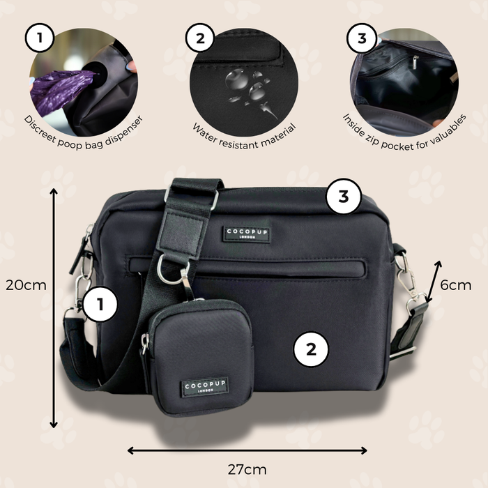 Cocopup London large black dog walking bag bundle with water-resistant finish, poop bag dispenser label, and zip pocket.