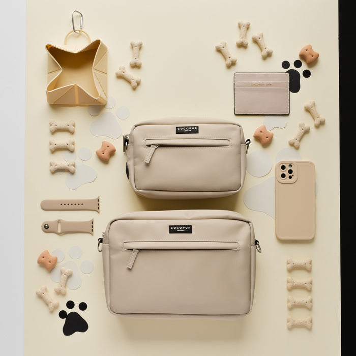 Cocopup London caramel latte dog walking bag bundle in large size on a cream background.
