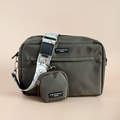 Large sage leopard-print dog walking bag bundle with mocha accents, treat pouch, and poop bag dispenser.