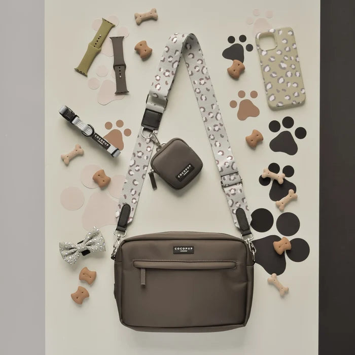 Large sage leopard print dog walking bag bundle with matching accessories displayed flat on a surface.