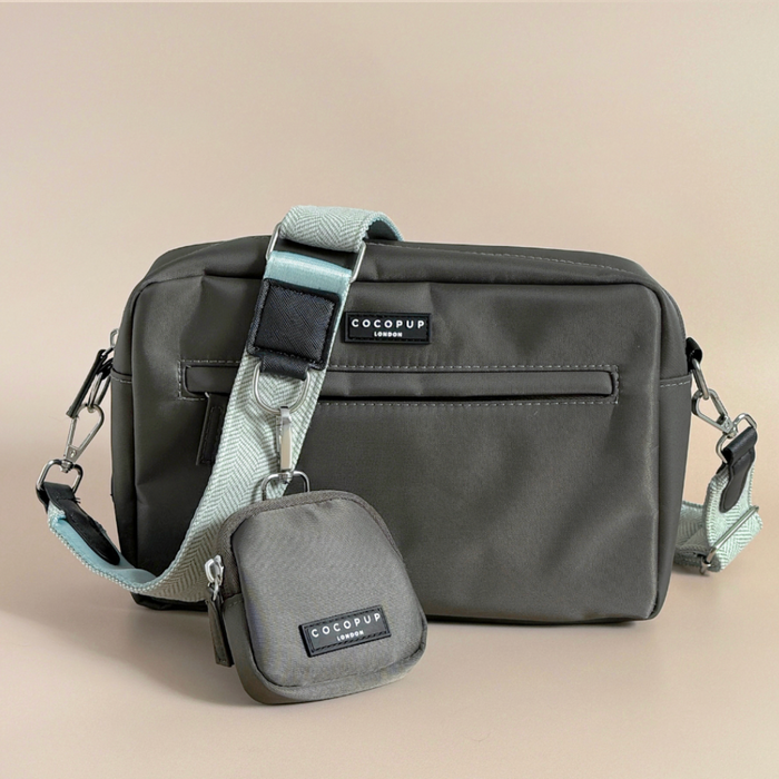 Large sage tweed dog walking bag bundle with treat pouch, coin purse, and poop bag dispenser from Cocopup London.