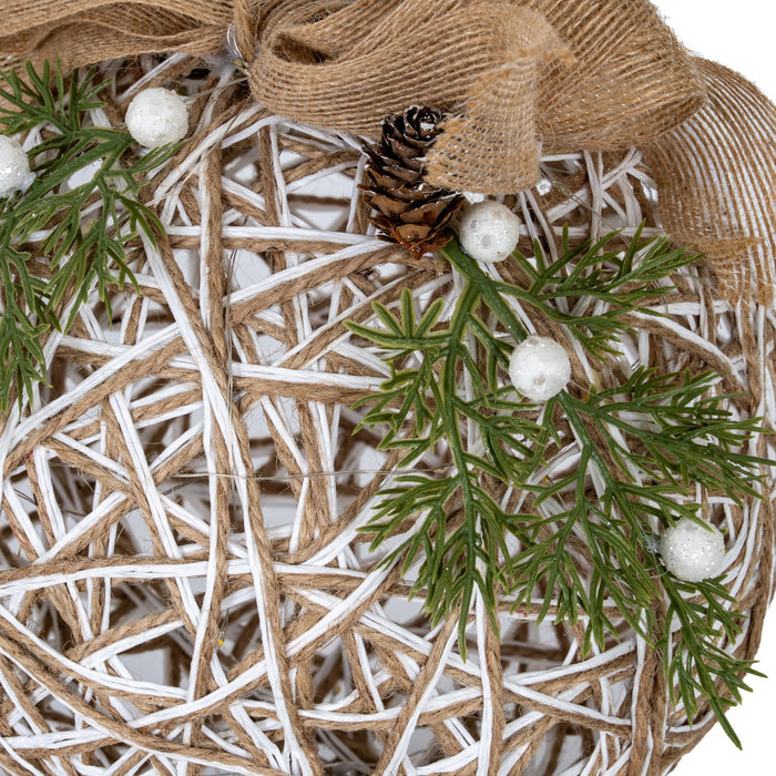 Large LED White Rattan Bauble With Branches And Ribbon