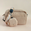 Large tan Teddy Rupert dog walking bag and matching treat pouch by Cocopup London on a plain background.