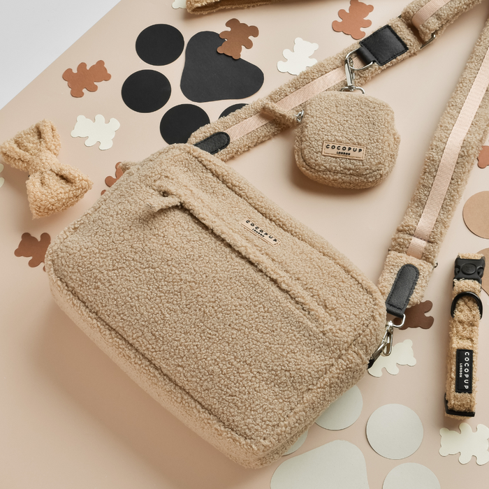 Large Cocopup London Teddy Rupert dog walking bag set in soft brown fleece with treat pouch, accessories, and bear-shaped cutouts.