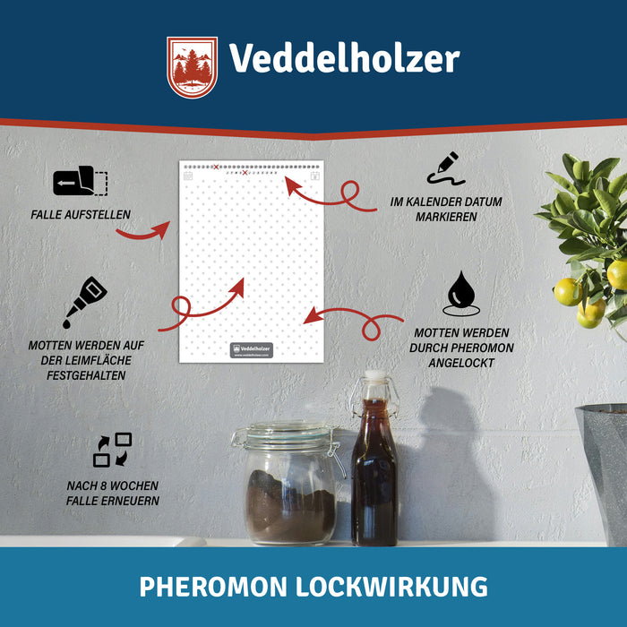 Falle im Küchenregal mit vier Hinweisen: aufstellen, Datum markieren, Pheromon lockt an, nach 8 Wochen erneuern