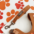 A brown / orange corduroy dog lead with embroidered lion faces. With brown hardware.