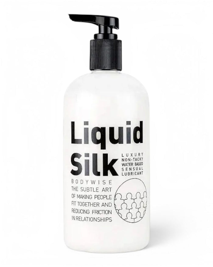 P.C Manufacturing Ltd Liquid Silk water-based lubricant in a white pump bottle for intimate use