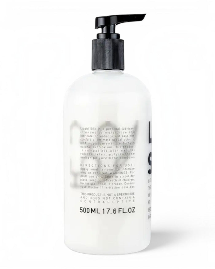 P.C Manufacturing Ltd Liquid Silk 500ml water-based lubricant bottle with a black pump dispenser