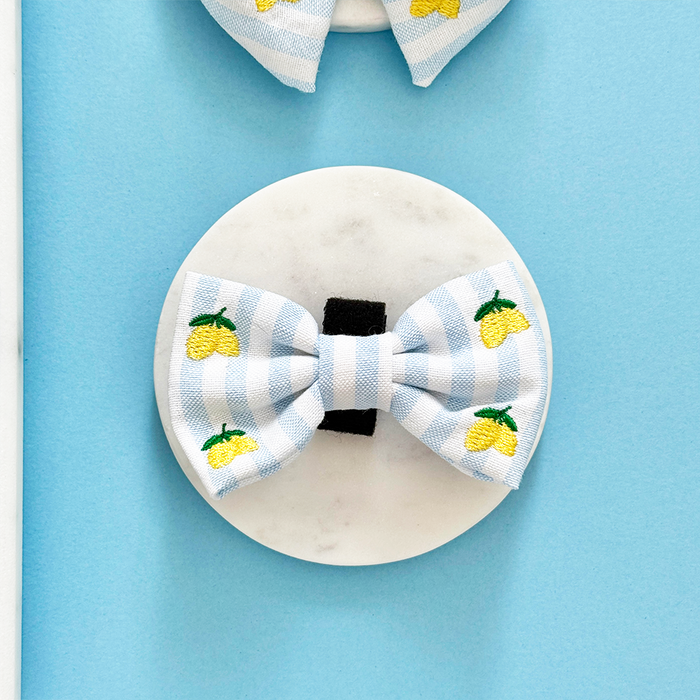 Blue and white striped bow tie with lemon print by Cocopup London, displayed on a round white surface.