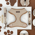 Brown and beige striped dog harness, lead and collar set.