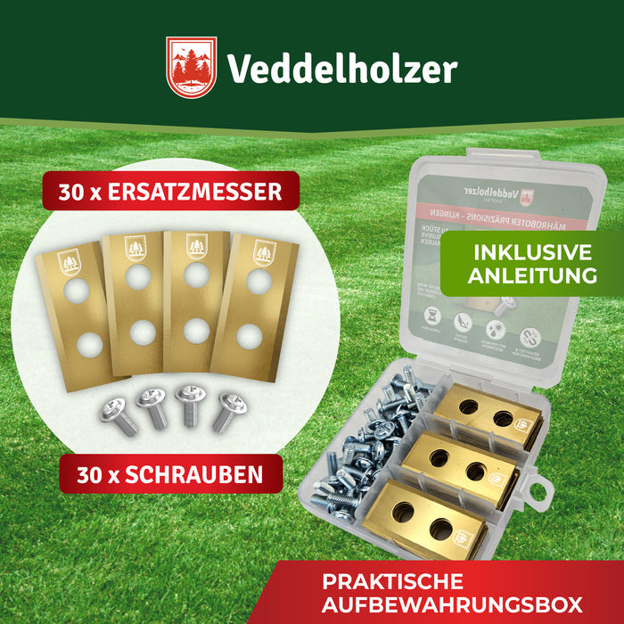 30 Ersatzmesser und 30 Schrauben, rechts die geöffnete Aufbewahrungsbox mit Klingen, Schrauben und Anleitung