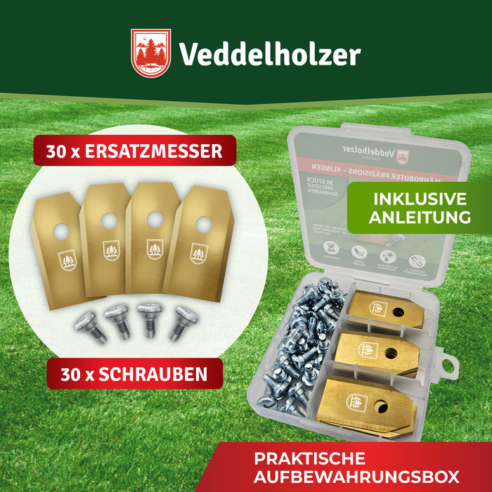 Vier Klingen und Schrauben im weißen Kreis, rechts die offene Kunststoffbox mit Ersatzmessern und Anleitung