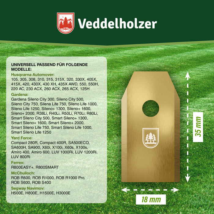 Passende Modelle von Husqvarna Automower, Gardena, Yard Force, Ferrex und McCulloch, Klinge 35 mm hoch, 18 mm breit