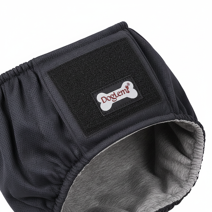 Close-up of washable male dog belly band diaper with velcro closure, made of graphene fabric in XS to 2XL sizes.