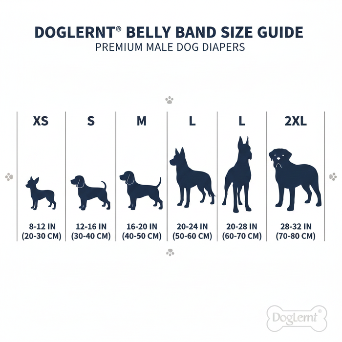 Size chart for Dropshipman male dog belly band diapers made of washable graphene fabric, available in XS to 2XL sizes.