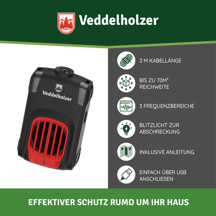 Gerät mit sechs Angaben: 2 m Kabel, bis zu 70 m² Reichweite, 3 Frequenzbereiche, Blitzlicht, Anleitung, USB