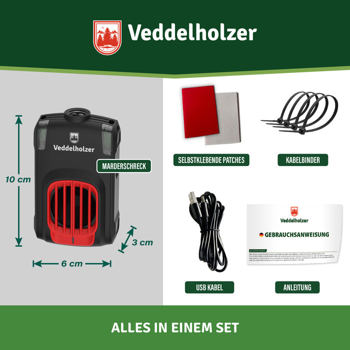 Maße des Geräts: 10 cm hoch, 6 cm breit, 3 cm tief – dazu Klebepatches, Kabelbinder, USB-Kabel und Anleitung