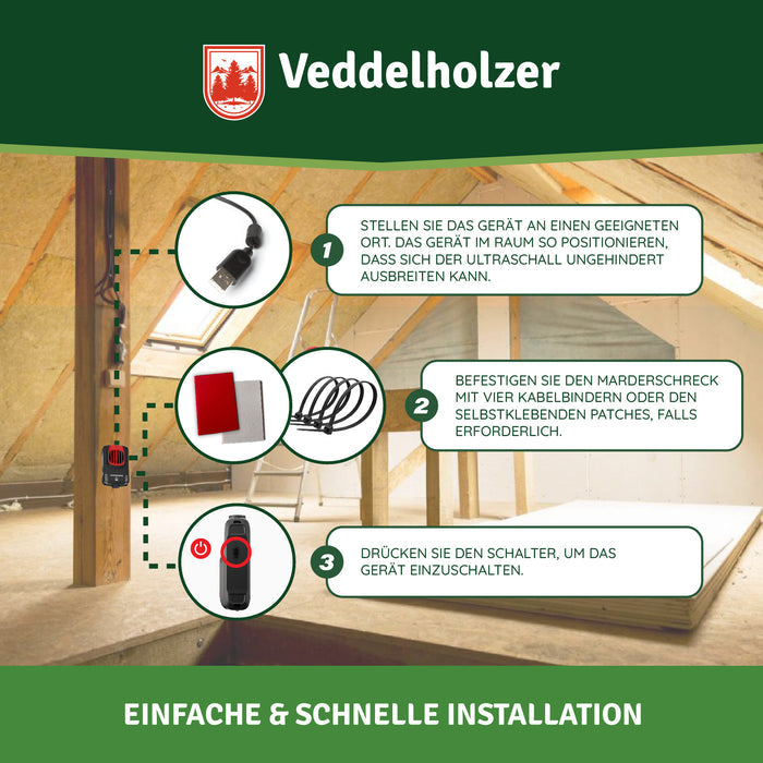 Drei Schritte auf dem Dachboden: Gerät frei platzieren, mit Kabelbindern oder Patches befestigen, Schalter drücken