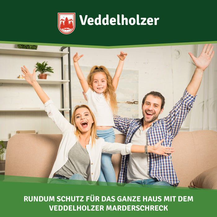 Eltern und ihre Tochter jubeln mit erhobenen Armen auf dem hellen Sofa im Wohnzimmer