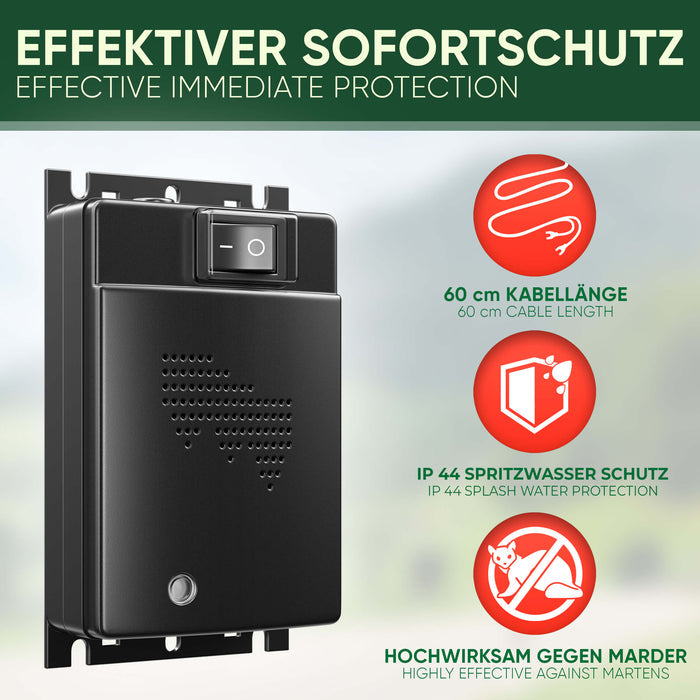 Schwarzes Gerät auf Montageblech, daneben drei Angaben: 60 cm Kabellänge, IP-44-Spritzwasserschutz, gegen Marder