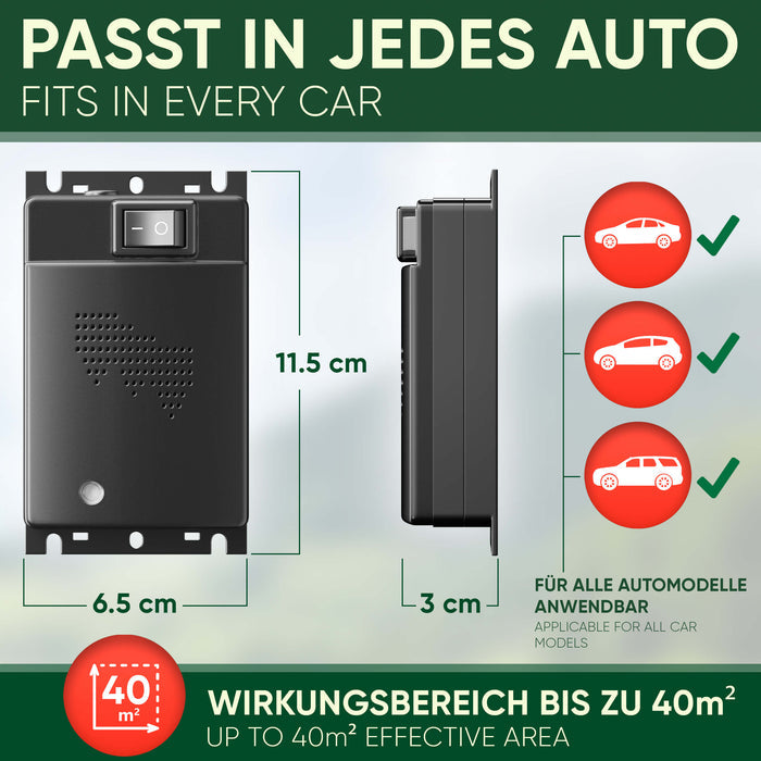 Vorder- und Seitenansicht mit Maßen 11,5 x 6,5 x 3 cm, drei Fahrzeugtypen mit Haken, Wirkung bis zu 40 m²