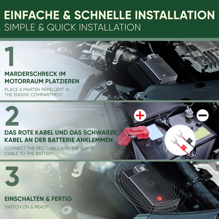 Drei Einbauschritte im Motorraum: Gerät platzieren, rotes und schwarzes Kabel an die Batterie klemmen, einschalten