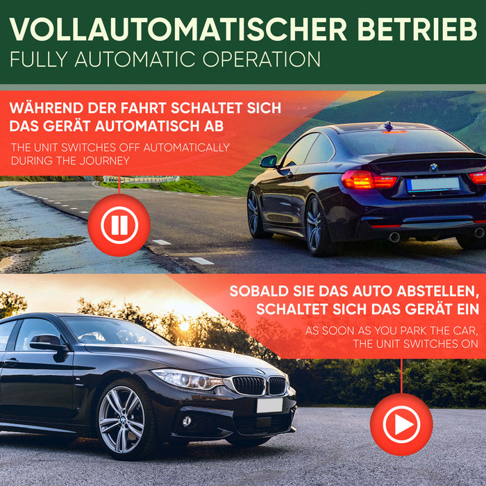 Zwei Autofotos: während der Fahrt schaltet sich das Gerät ab, beim geparkten Wagen schaltet es sich wieder ein